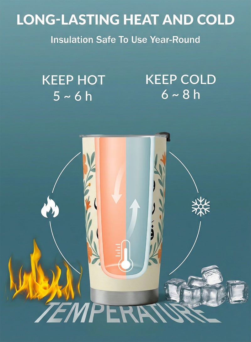 YOONISPRO Travel Coffee Mug 20oz/590ml, 304 Stainless Steel Double-Wall Vacuum Insulated Car Cup with Straw and Brush, Suitable for Iced & Hot Drinks, Bouquet & Blessing Design, Ideal Gift - Image 3